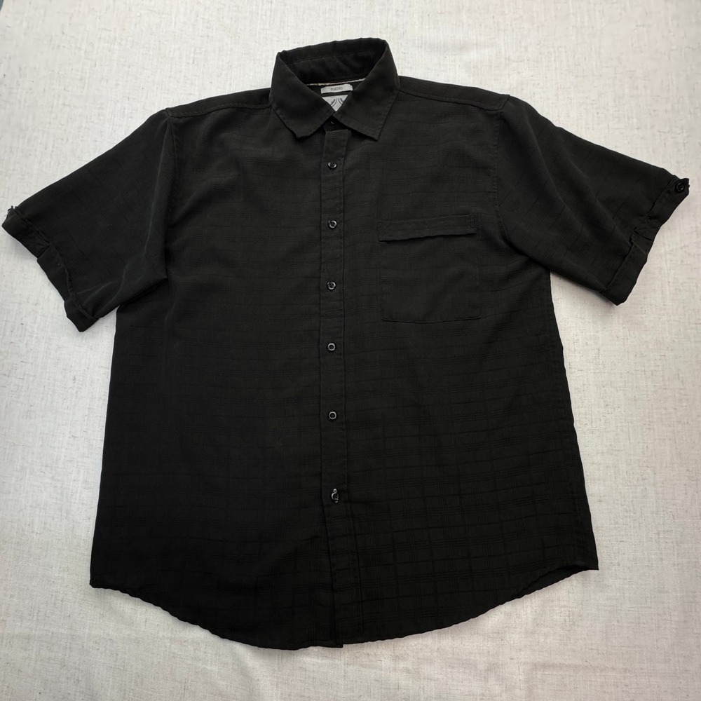 Bruno New York Shirt Mens Large Black Sueded Short Sleeve Grid Button Up Casual